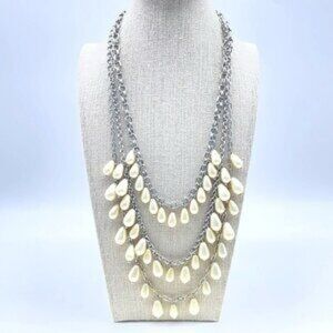 Talbots three‎ strand faux pearl and silver cascade statement long necklace